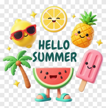 Hello Summer Cute Fruit Characters PNG