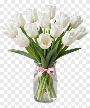 White Tulips In Glass Vase With Pink Ribbon PNG