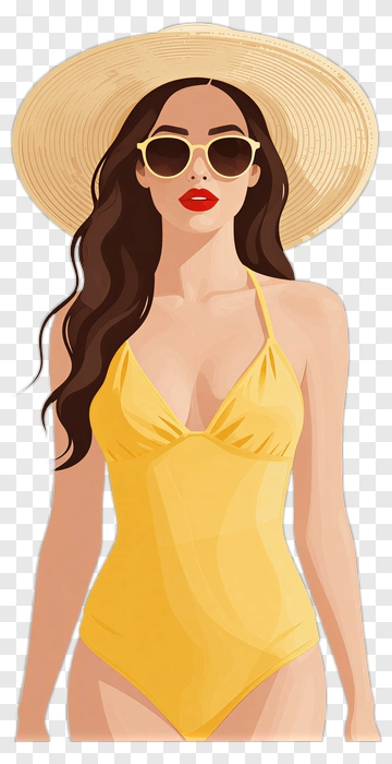 Woman In Yellow Swimsuit And Sunhat PNG