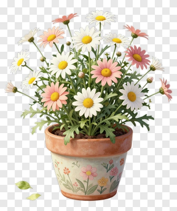 Potted Daisy Flowers With Fallen Leaf PNG