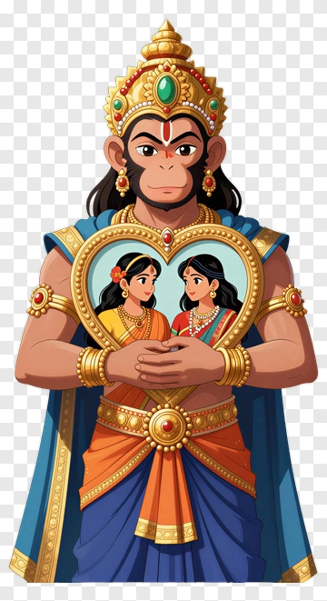Hanuman Holding Heart Frame With Two Women PNG