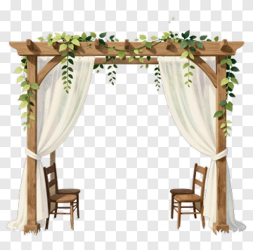 Wooden Arbor With White Curtains And Chairs PNG