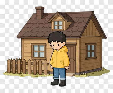 Boy Standing In Front Of Wooden House PNG