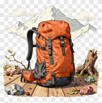 Orange Hiking Backpack On Wooden Deck PNG