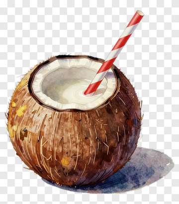 Watercolor Coconut With Red And White Straw PNG