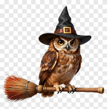 Owl Wearing Witch Hat On Broom PNG