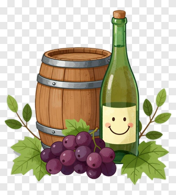 Happy Wine Bottle With Grapes And Barrel PNG