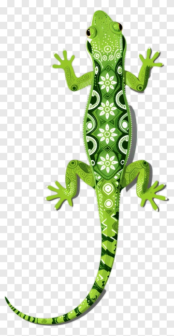 Stylized Green Gecko With Floral Pattern PNG