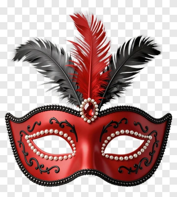 Red And Black Masquerade Mask With Feathers PNG