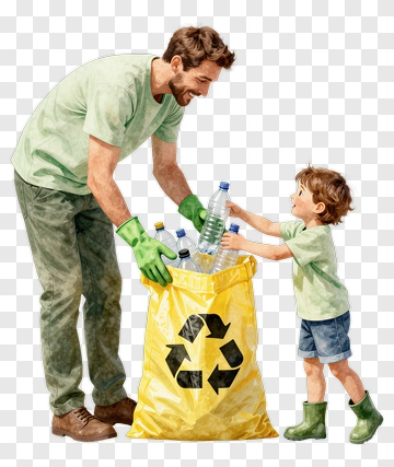 Man And Child Recycling Plastic Bottles PNG