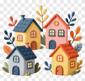 Colorful Toy Houses With Leaves PNG
