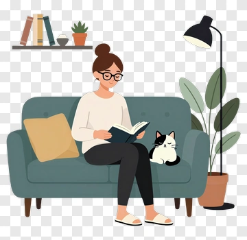 Woman Reading Book With Cat PNG