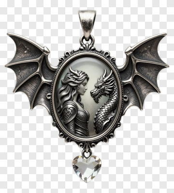 Dragon And Woman Pendant With Heart Gem PNG