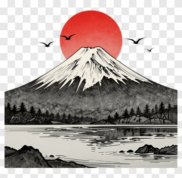 Mount Fuji With Red Sun And Birds PNG
