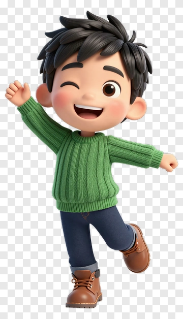 Happy Cartoon Boy In Green Sweater PNG
