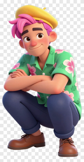 Cartoon Character With Flower Shirt And Beret PNG
