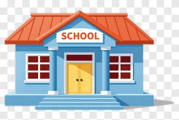 Blue School Building With Orange Roof PNG