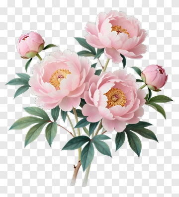 Pink Peony Blooms With Green Leaves PNG