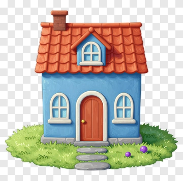 Blue Cartoon House With Red Roof PNG