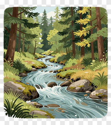 Forest Stream With Trees And Rocks PNG