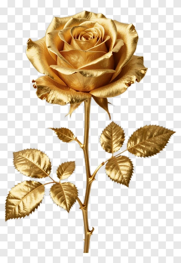 Golden Rose With Stem And Leaves PNG