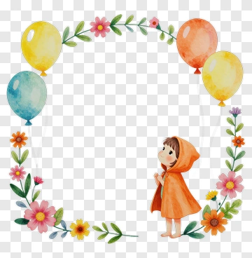 Child In Orange Cloak With Balloons And Flowers PNG