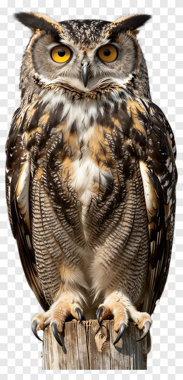 Great Horned Owl Perched On Wooden Post PNG