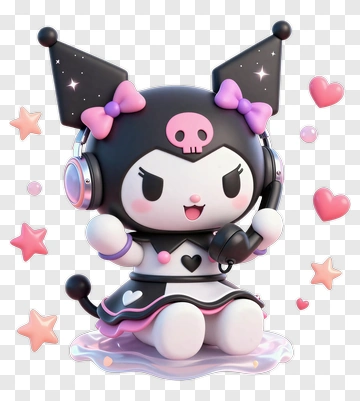 Kuromi In Headphones With Pink Bows PNG