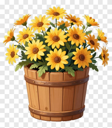 Yellow Sunflowers In Wooden Bucket PNG