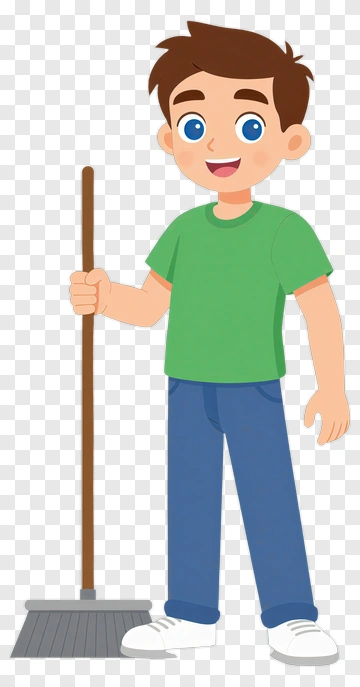 Cartoon Boy Holding Broom PNG