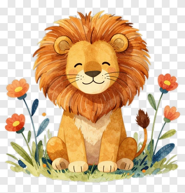 Cute Cartoon Lion With Flowers PNG