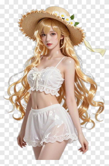 Woman In Straw Hat And White Outfit PNG