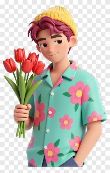 Boy Holding Red Tulips PNG