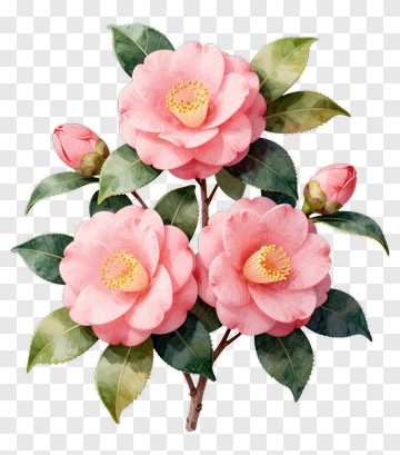 Pink Camellia Blossoms With Green Leaves PNG