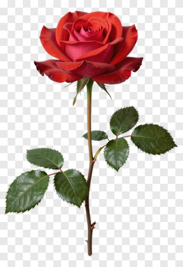 Red Rose With Green Stem And Leaves PNG