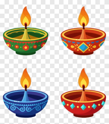 Four Colorful Diyas With Flames PNG