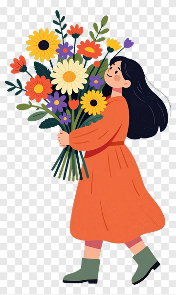 Girl Holding A Vibrant Flower Bouquet PNG