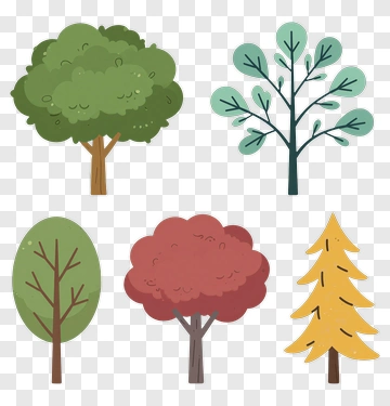 Five Cartoon Trees In Different Colors PNG