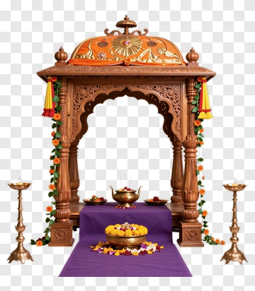 Wooden Altar With Ornate Canopy And Floral Decor PNG