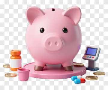 Pink Piggy Bank With Medicine And Coins PNG