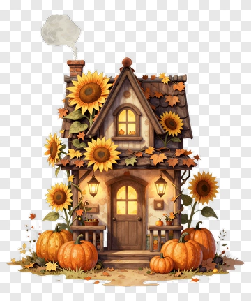 Cozy Autumn Cottage With Sunflowers And Pumpkins PNG