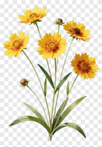 Yellow Daisy Bloom With Green Leaves PNG