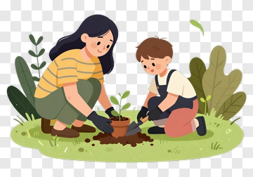Woman And Child Planting Together PNG