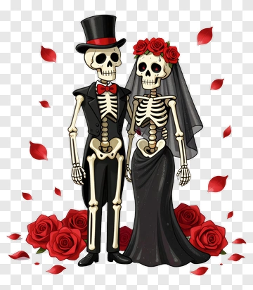 Skeleton Wedding Couple With Red Roses PNG