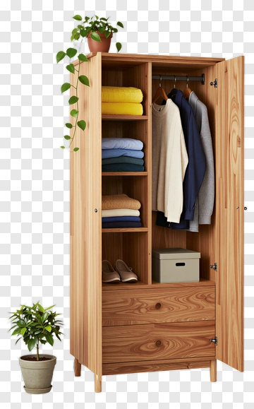Wooden Wardrobe With Clothes And Plants PNG