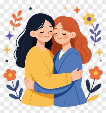 Two Women Hugging With Flowers PNG