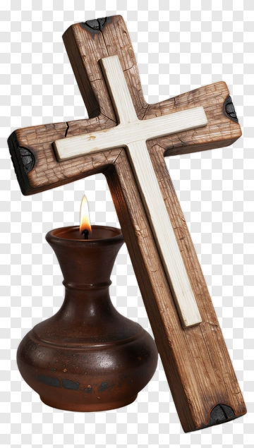 Wooden Cross With Burning Candle PNG