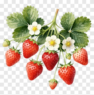 Strawberry With White Flowers And Leaves PNG
