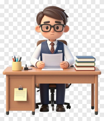 Cartoon Man Reading Papers At Desk PNG