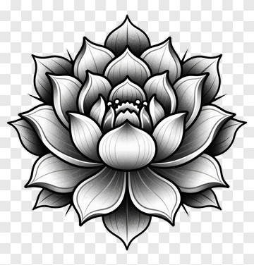 Black And White Lotus Flower Tattoo Design PNG